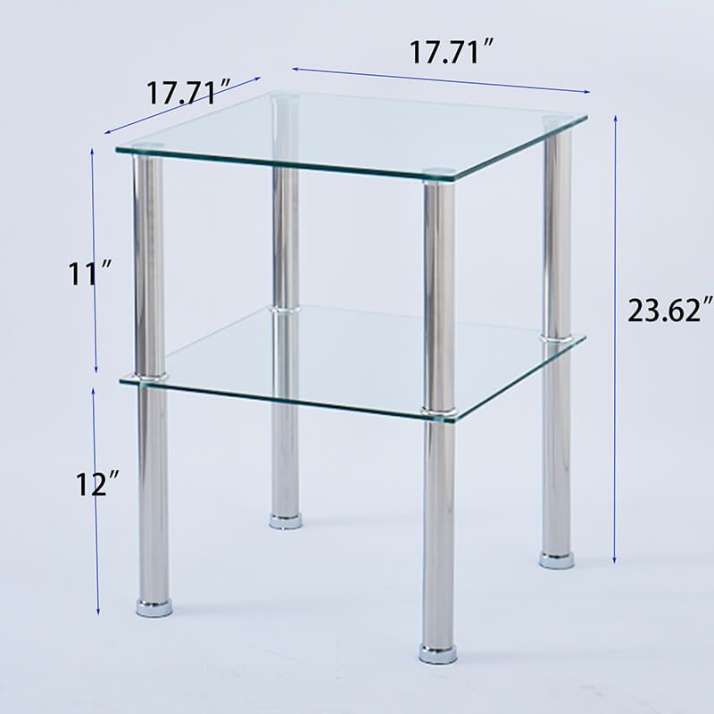 A dimension Image of our 17" Transparent Tempered Square Glass End Table with Storage Shelf and Silver Metal Frame