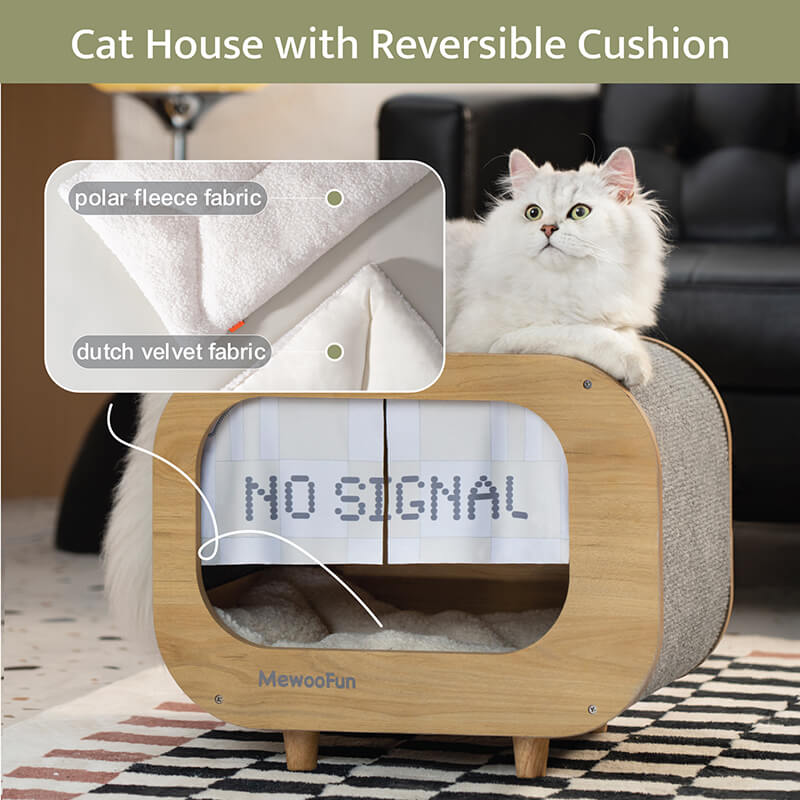 18.20 Classic Wooden TV-Shaped Cat House with Cushion - Grey