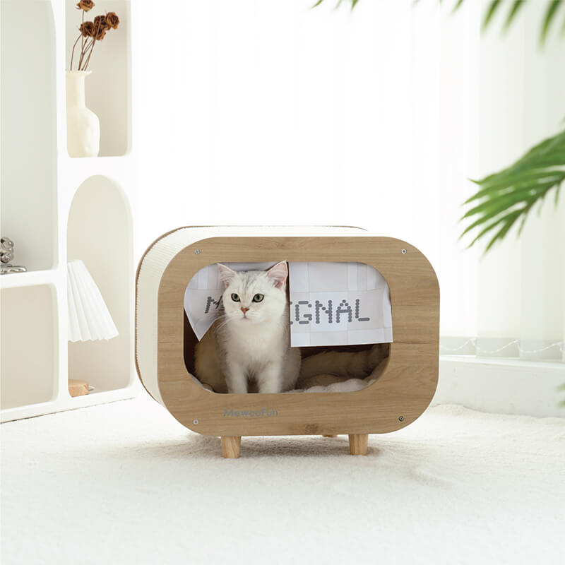 18.20 Classic Wooden TV-Shaped Cat House with Cushion - White