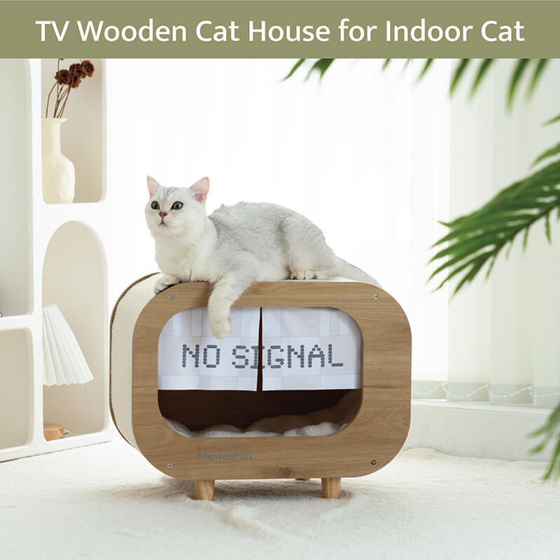 18.20 Classic Wooden TV-Shaped Cat House with Cushion - White