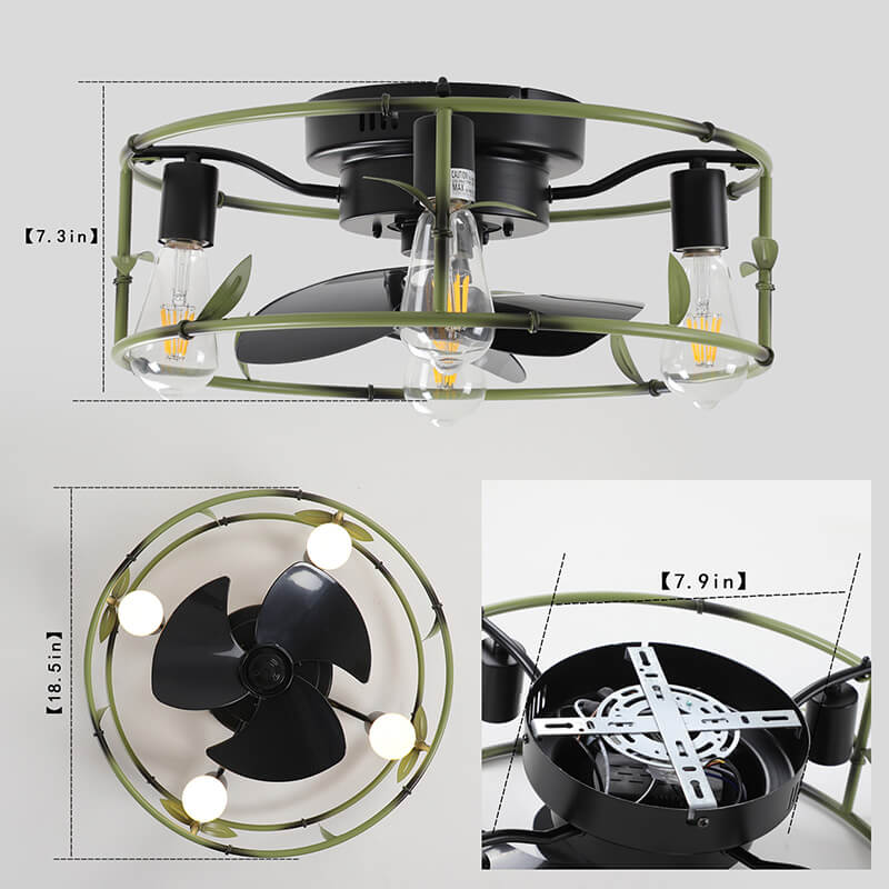 A dimension Image of the 18.5" Modern Green Caged Metal Flush Mount Ceiling Fan with Lights and Remote Control