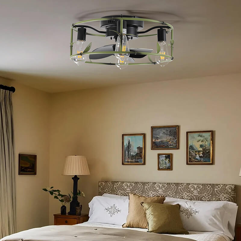 18.5" Modern Green Caged Metal Flush Mount Ceiling Fan with Lights and Remote Control