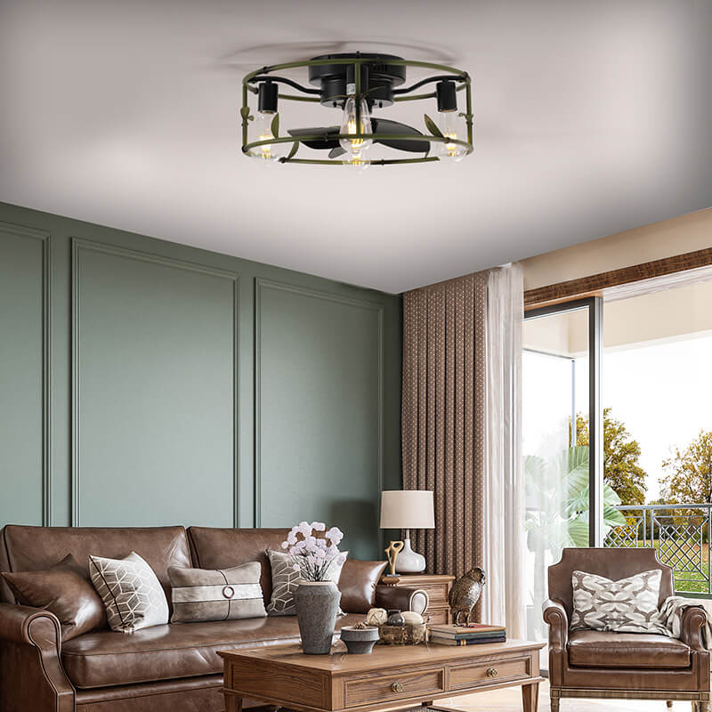 18.5" Modern Green Caged Metal Flush Mount Ceiling Fan with Lights and Remote Control