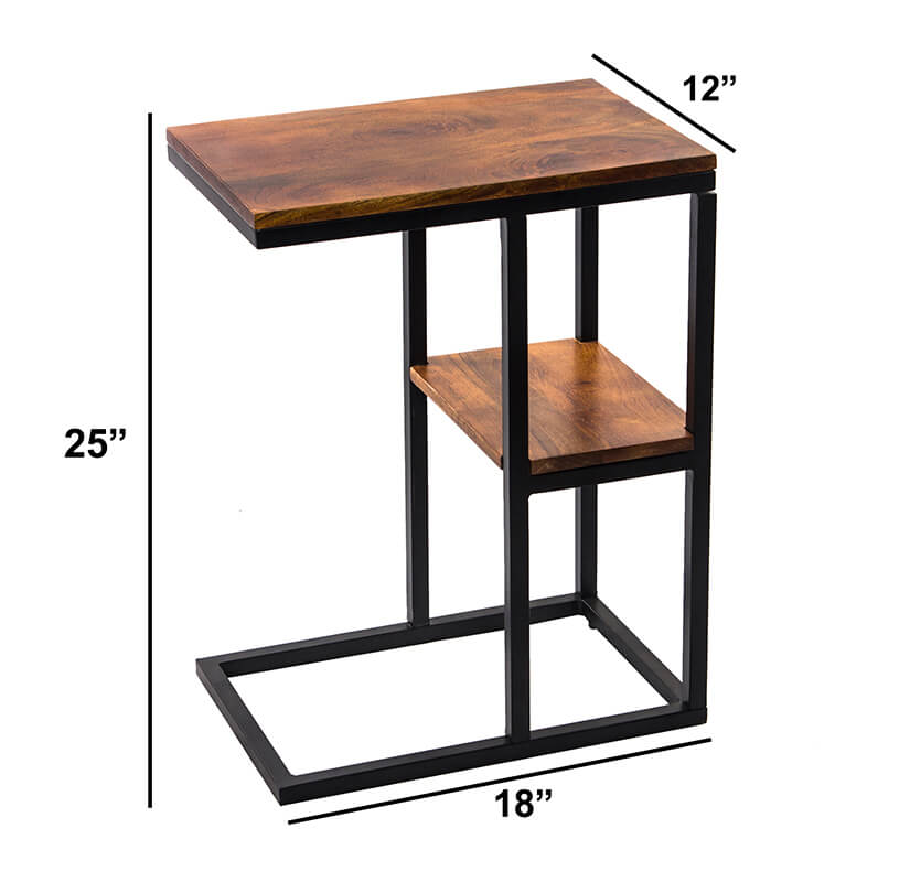 A dimension Image of our 18" Brown Iron Framed Mango Wood Accent Table with Lower Shelf