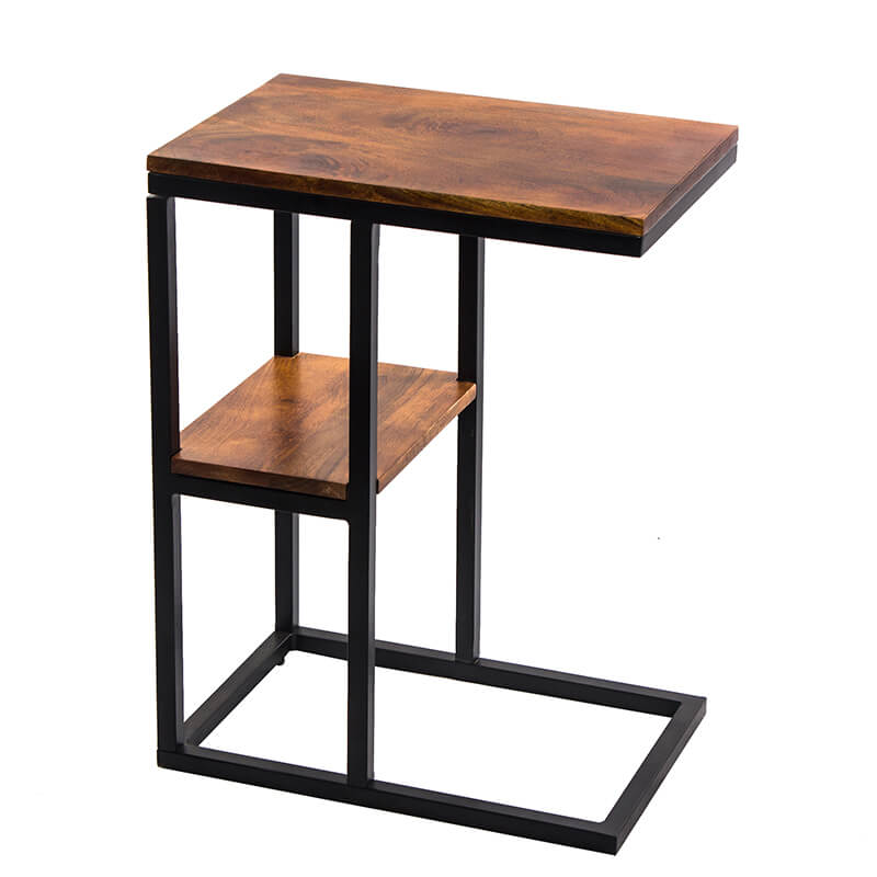 18" Brown Iron Framed Mango Wood Accent Table with Lower Shelf