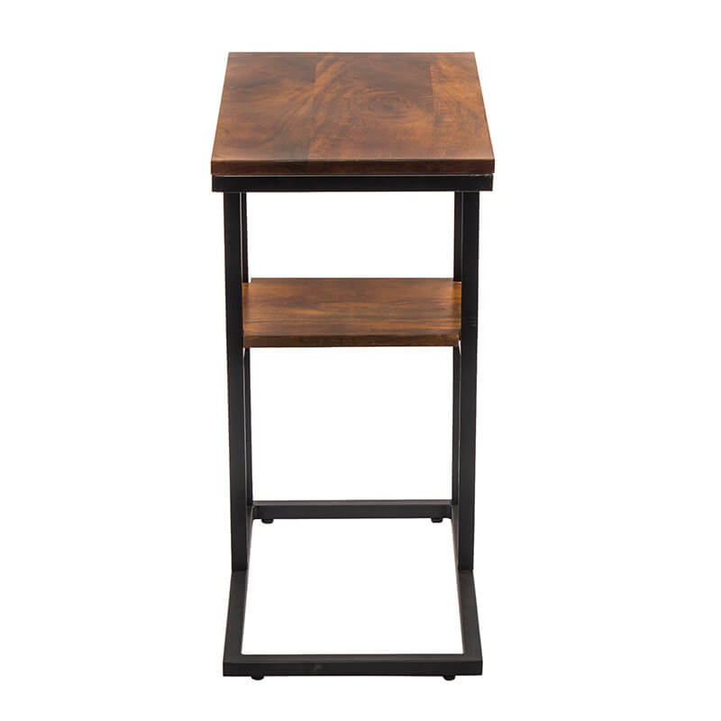 18" Brown Iron Framed Mango Wood Accent Table with Lower Shelf