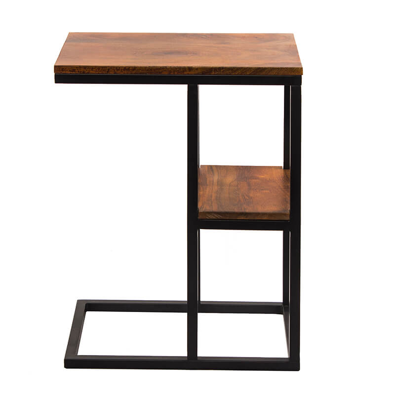 18" Brown Iron Framed Mango Wood Accent Table with Lower Shelf