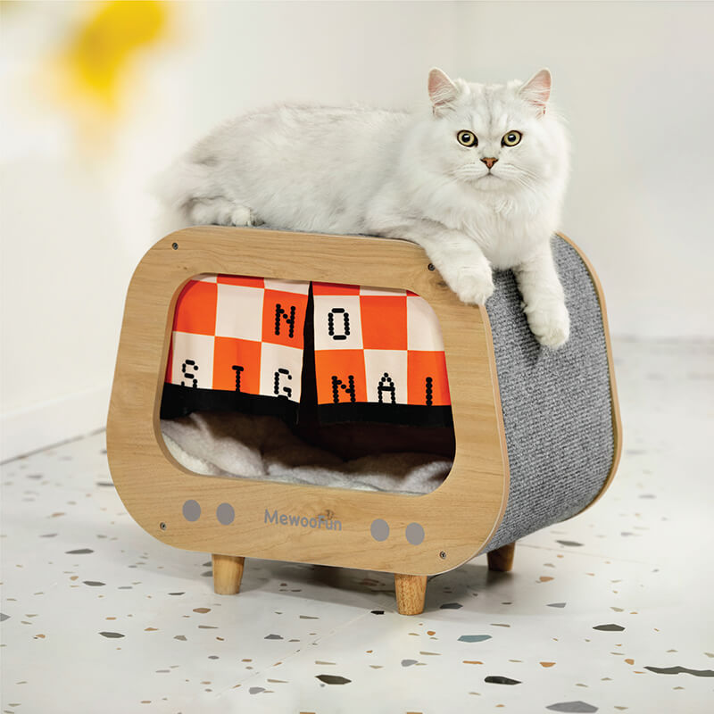 18" Classic Wooden TV-Shaped Cat House with Cushion - Grey