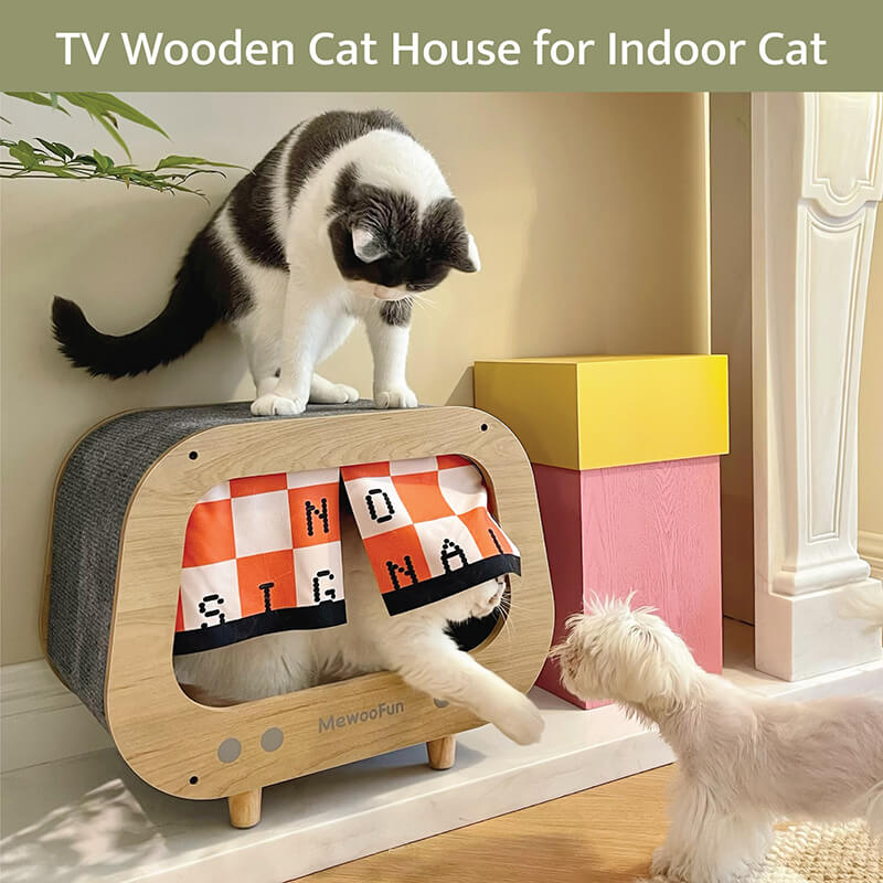 18" Classic Wooden TV-Shaped Cat House with Cushion - Grey