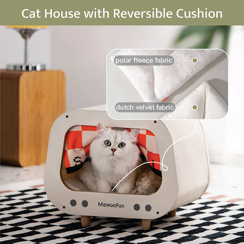 18" Classic Wooden TV-Shaped Cat House with Cushion - White