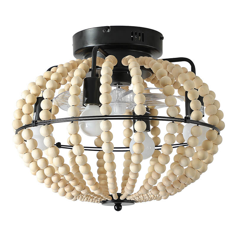 White Beaded Wood Fan Lamp Chandelier 