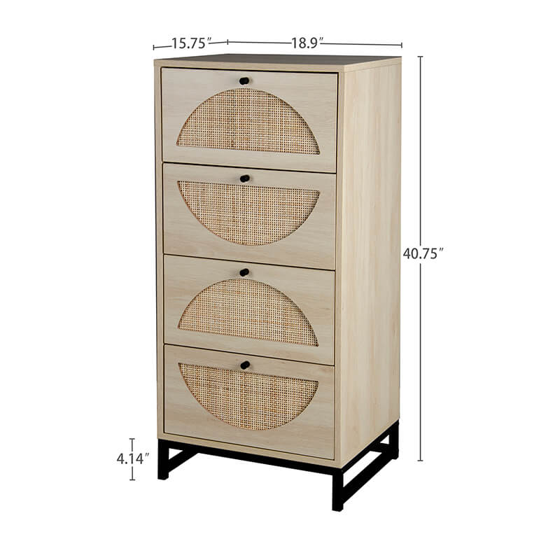 A dimension Image of our 18" Natural Rattan 2-set Dresser Storage Cabinet with 4 Drawers and Metal Legs 