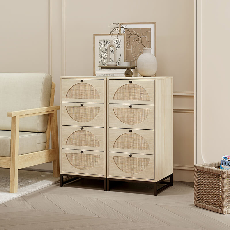 drawers dresser storage with a basket of book in a room 