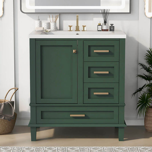 18"x30" Modern Green Freestanding Bathroom Vanity Cabinet Combo Set with 3 Drawers and a Soft Closing Door