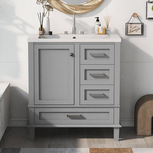 18"x30" Modern Grey Freestanding Bathroom Vanity Cabinet Combo Set with 3 Drawers and a Soft Closing Door