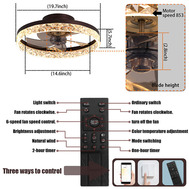 A dimension Image of the 19.7 Black White Dimmable LED 5-Reversible Blade Chandelier Ceiling Fan with Remote Control