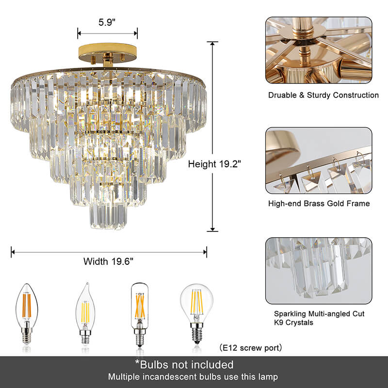 A dimension Image and material of the 19.7" Contemporary Round 5-Tier Gold Crystal Semi Flush Mount Large Chandelier