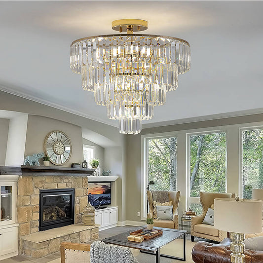 19.7" Contemporary Round 5-Tier Gold Crystal Semi Flush Mount Large Chandelier