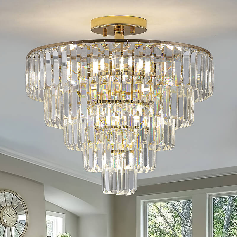 19.7" Contemporary Round 5-Tier Gold Crystal Semi Flush Mount Large Chandelier