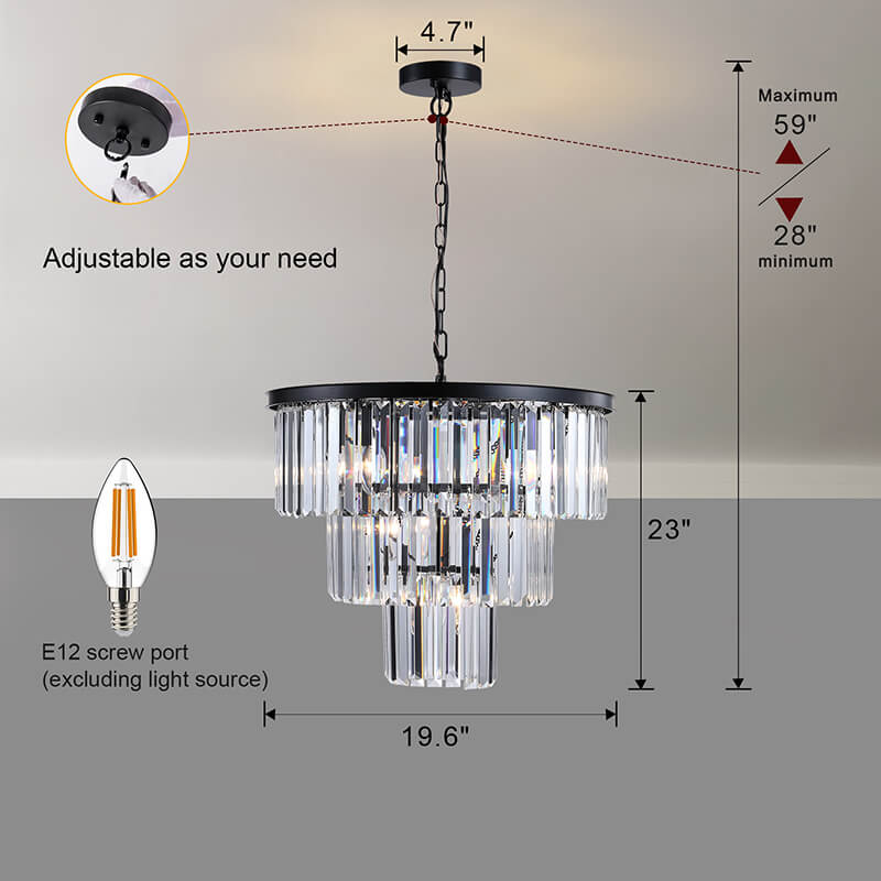 A dimension Image and product features of the 19.7" Modern 3-Tier Luxury Black Pendant Light Crystal Chandelier