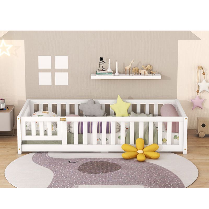 77.6" White Twin Size Bed Floor With Safety Guardrails For Kids