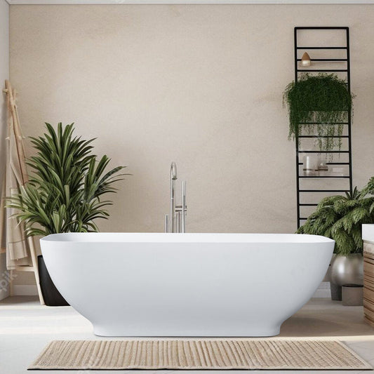 63'' Handcrafted Stone Resin Freestanding Soaking Bathtub with Overflow in Matte White