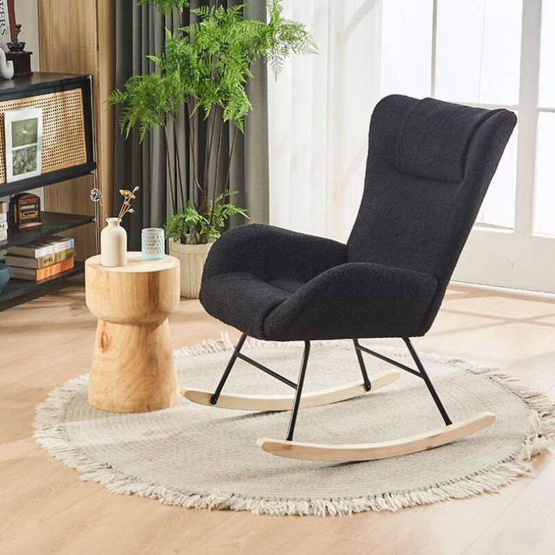 36.5" Modern Nursery Rocking Chair with Wooden Legs - Black Teddy Fabric