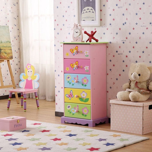 18.5" Pink Hand Painted Olivia The Fairy Kids 5 Drawers Dresser