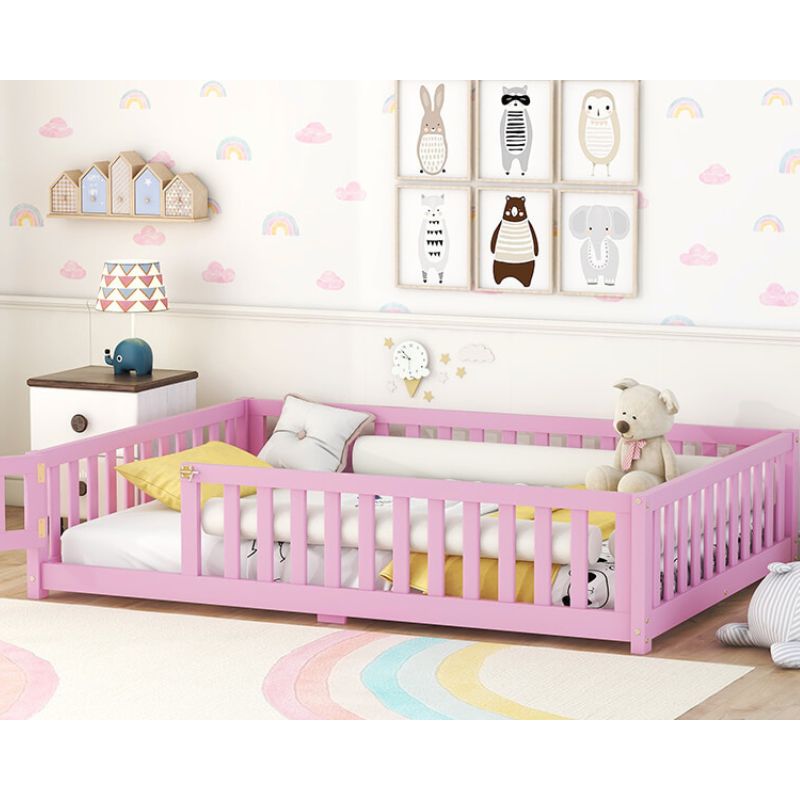 77.6" Pink Full Size Bed Floor With Safety Guardrails For Kids