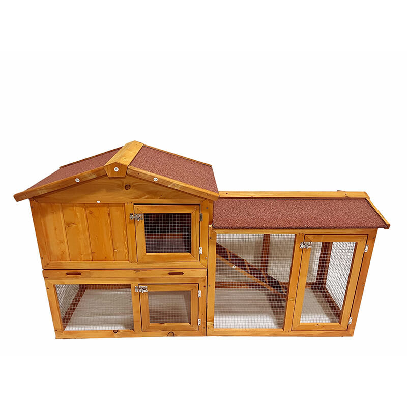 2-Tier Natural Wooden Rabbit Hutch with Ramp 