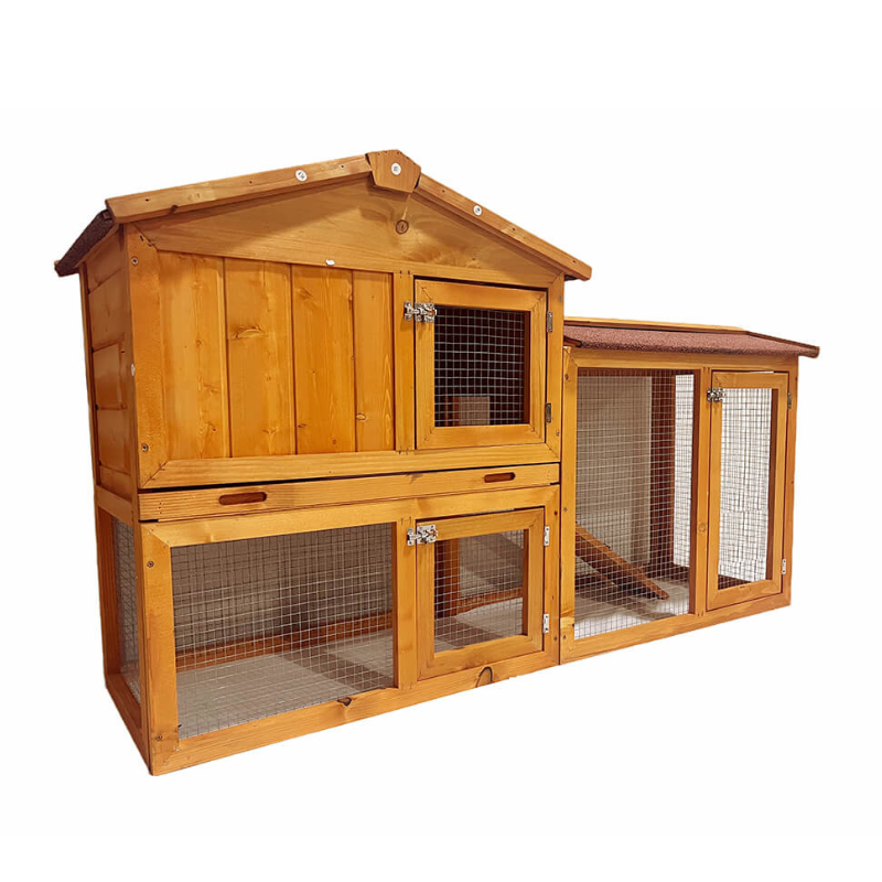 2-Tier Natural Wooden Rabbit Hutch with Ramp 