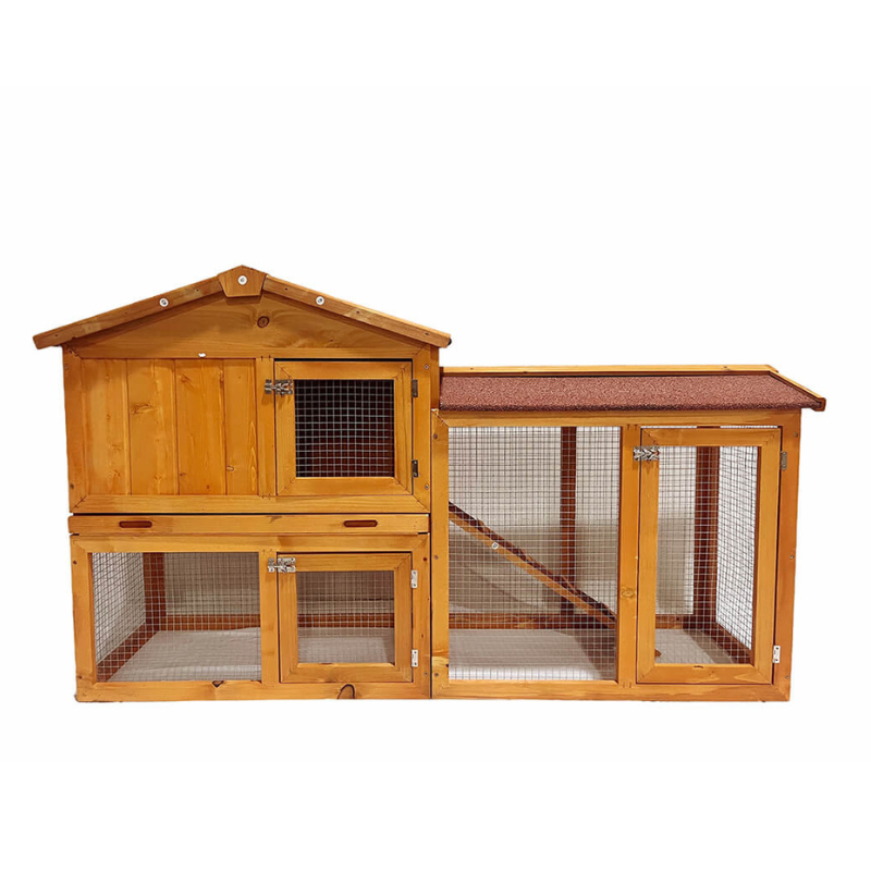 2-Tier Natural Wooden Rabbit Hutch with Ramp 