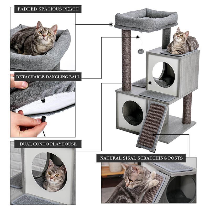 Gray Spacious Perch Cat Tree Tower 