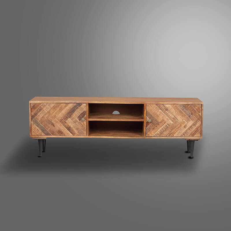  Brown 2-Door Wooden Herringbone TV Cabinet