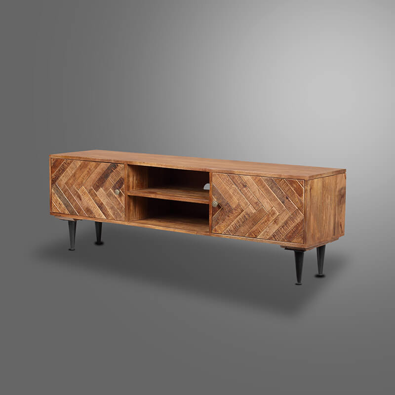  Brown 2-Door Wooden Herringbone TV Cabinet