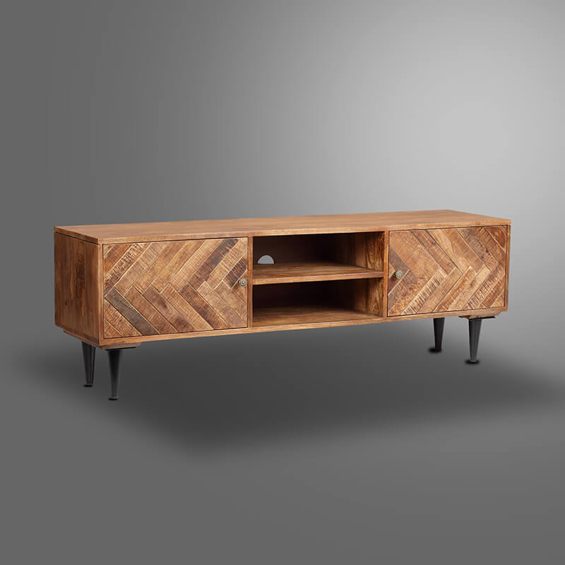  Brown 2-Door Wooden Herringbone TV Cabinet