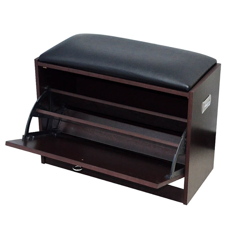 24.8" Brown Wooden Shoe Storage Bench with PU Seat & Flip Drawer