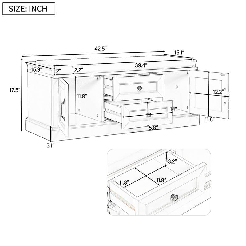 42.5" Black Cushion Shoe Storage Bench