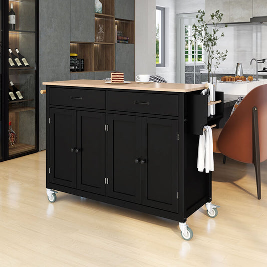 54.3" Black 4-Doors Kitchen Island Cart 