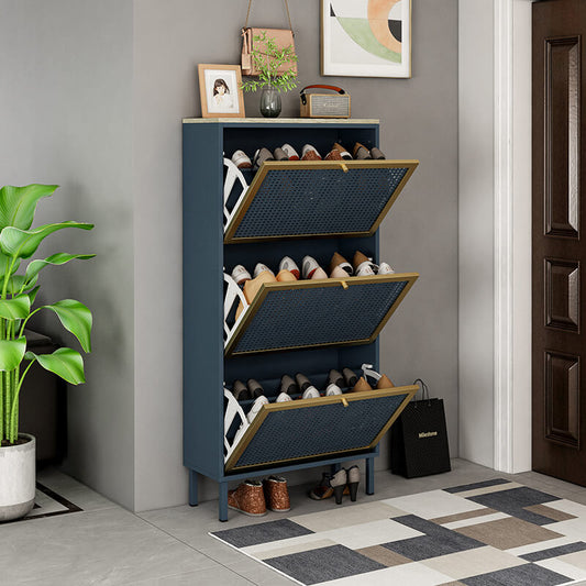 23" Blue Rattan Shoe Rack with 3 Flip Doors