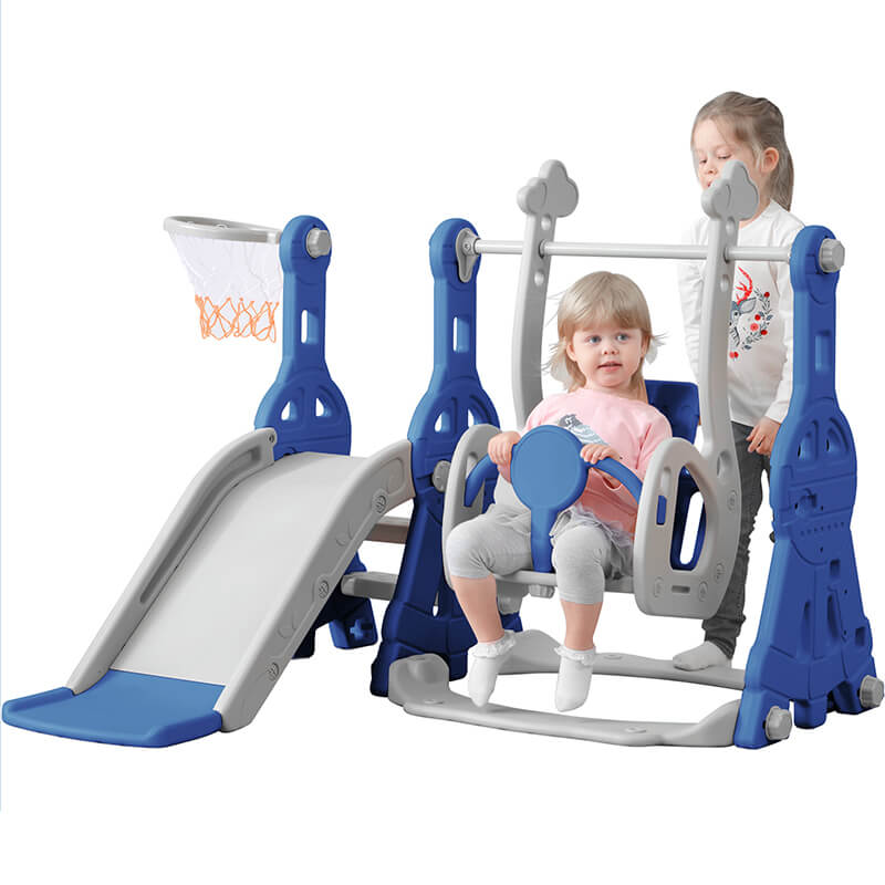 55.10" Blue Toddler Swing And Slide 3 in 1 Set With Basketball Hoops