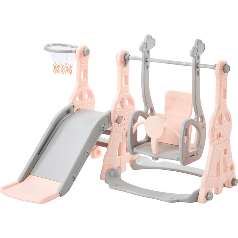 55.10" Pink Toddler Swing And Slide 3 in 1 Set With Basketball Hoops