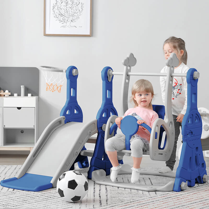 55.10" Blue Toddler Swing And Slide 3 in 1 Set With Basketball Hoops