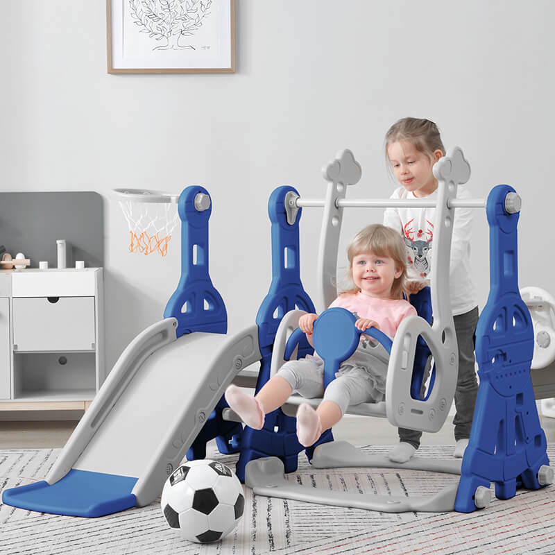 55.10" Blue Toddler Swing And Slide 3 in 1 Set With Basketball Hoops