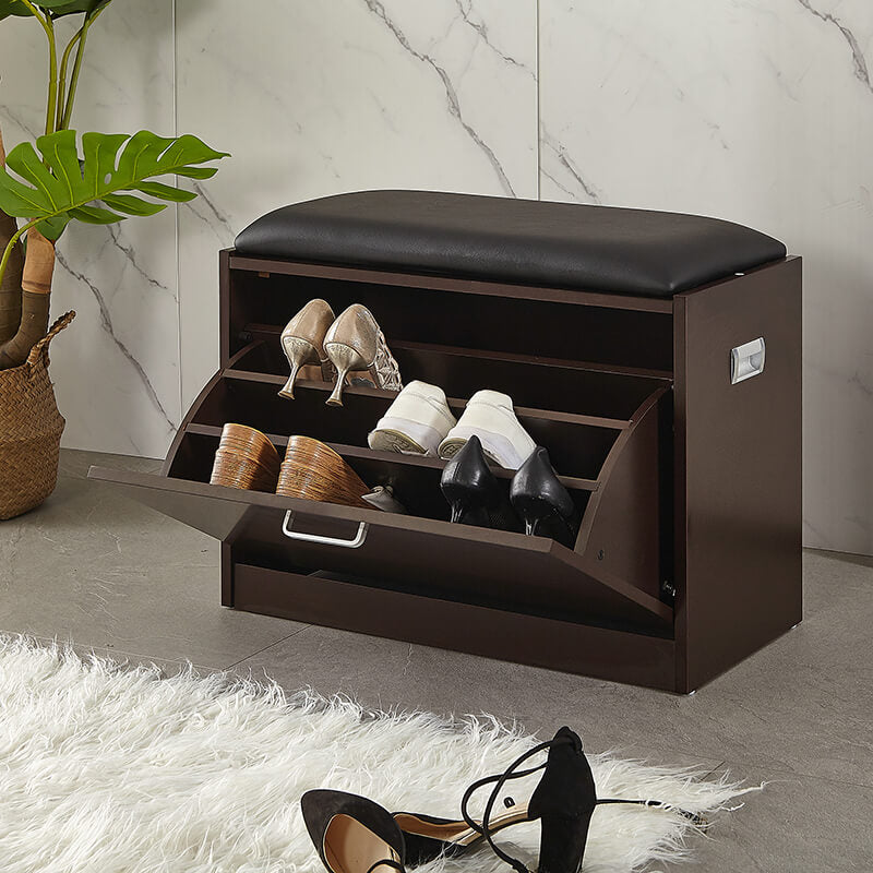 24.8" Brown Wooden Shoe Storage Bench with PU Seat & Flip Drawer