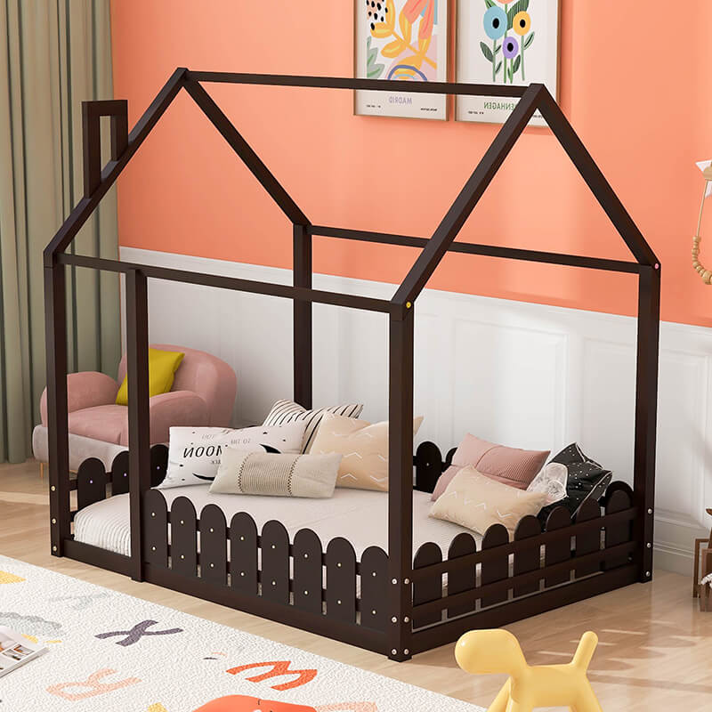 Espresso Solid Wood House Bed Frame