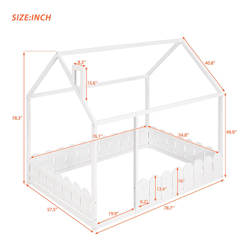 78.7" White Wooden House Bed Frame