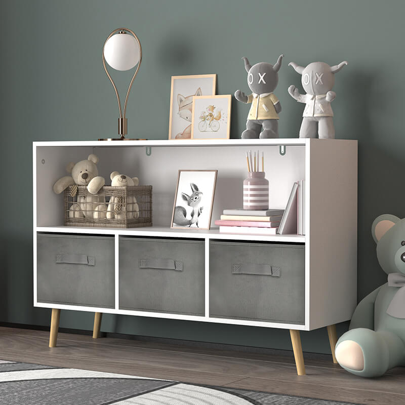 35" White And Grey Kids Bookcase With Collapsible Fabric Toy Storage Drawer