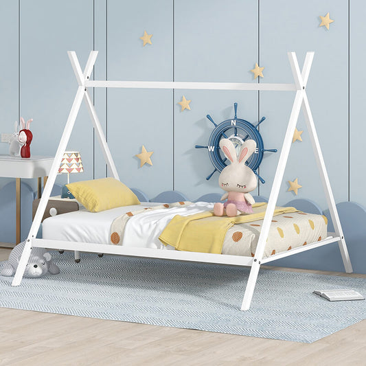 76.8" White Metal Play House Bed Tent With Slat For Kids