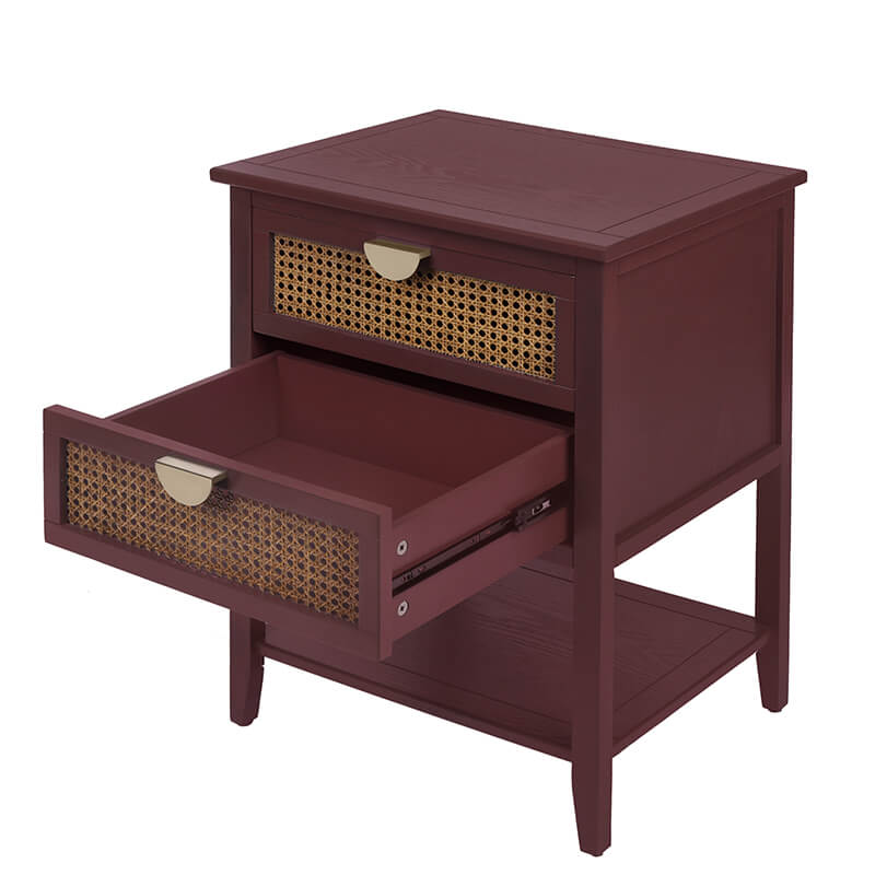 22.1" Red Natural Rattan 2-Drawer Nightstand